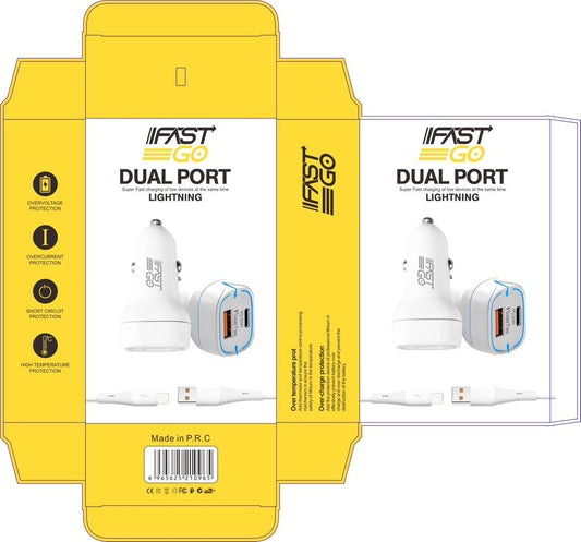 Dual Port Car Charger Plus Lighting, Type C Cable